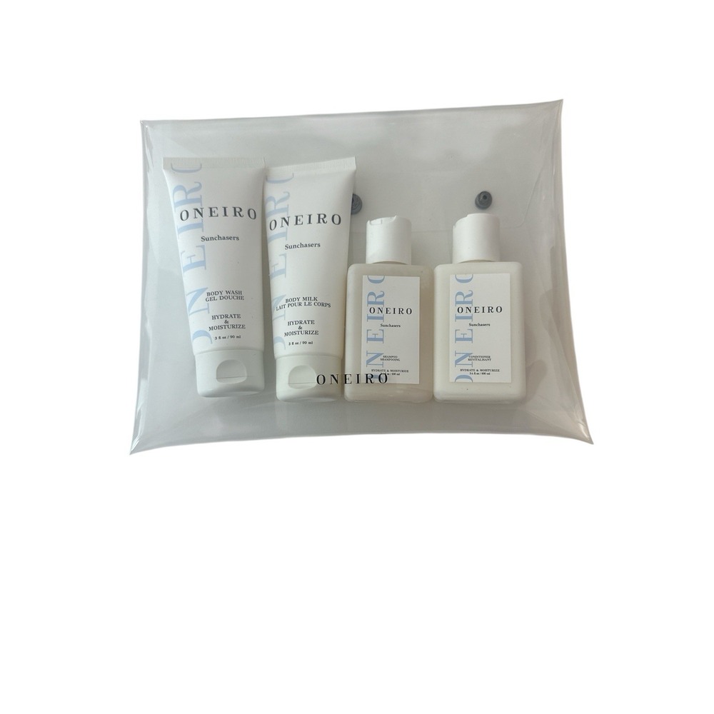 Oneiro Sunchasers Bundle Travel Set Body Milk Wash Shampoo Conditioner + Bag New